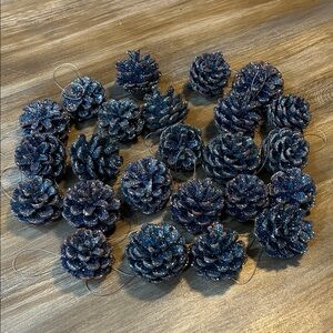 Lot of 24 Sparkling Blue Glitter Pinecone Ornaments with Silver Loop Decor
